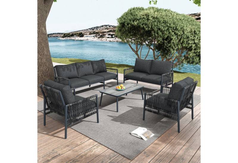 Merax Gartenlounge-Set für 7 Personen, (5-tlg., 1 3-Sitzer, 1 2-Sitzer, 2 Sessel, 1 Couchtisch), Gartenmöbel Set mit Stahlrahmen, Rope Lounge, Balkonset von Merax