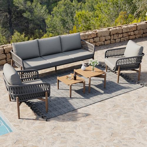 Merax Gartenmöbel Set 5 Sitze – Outdoor Lounge Set – Wetterfeste Gartenlounge mit WPC Tischplatte, Holzoptik, verzinktem Stahl & geflochtenen Seilarmlehnen – Grau von Merax