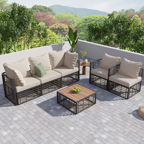 Merax Gartenmöbel Set mit Kissen Polyrattan Lounge Balkonset Sitzgruppe mit 5 Einzelsitz-Sofa(1 mit Armlehnen,2 über Eck, 2 ohne Armlehnen) und 1 Couchtisch von Merax