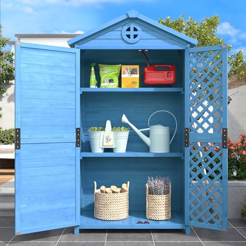Merax Gerätehaus Geräteschuppen Geräteschrank Holz Wetterfest Gartenhaus Gartenschrank, BxTxH:90 x 56.5 x 175.3 cm, mit 2 Türen, 2 Regale, 3 Werkzeugfächer, Satteldach, Blau von Merax