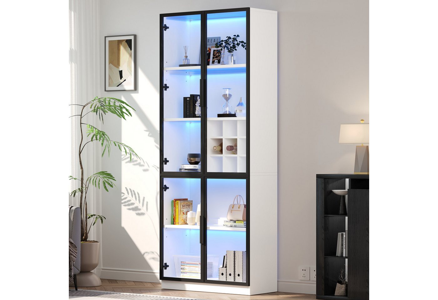 Merax Glasvitrine Standvitrine Hochschrank mit LED-Beleuchtung & 5-stufiger Stauraum (Weinschrank Sideboard Hochschrank, 1-St) Vitrine mit 2 Glastüren, Glasregal & integriertem Weinfach,80x35x200cm von Merax