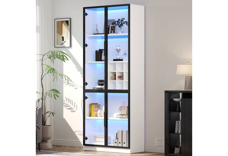 Merax Glasvitrine Standvitrine Hochschrank mit LED-Beleuchtung & 5-stufiger Stauraum (Weinschrank Sideboard Hochschrank, 1-St) Vitrine mit 2 Glastüren, Glasregal & integriertem Weinfach,80x35x200cm von Merax
