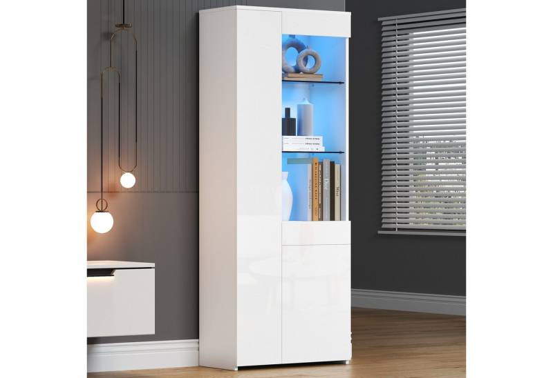 Merax Glasvitrine hochglanz Vitrine mit LED (70*35*180cm, 1-St., Hochschrank Standregal Schrank) Standvitrine Highboard mit Glasfächern, Schublade & Push-to-Open Türen von Merax