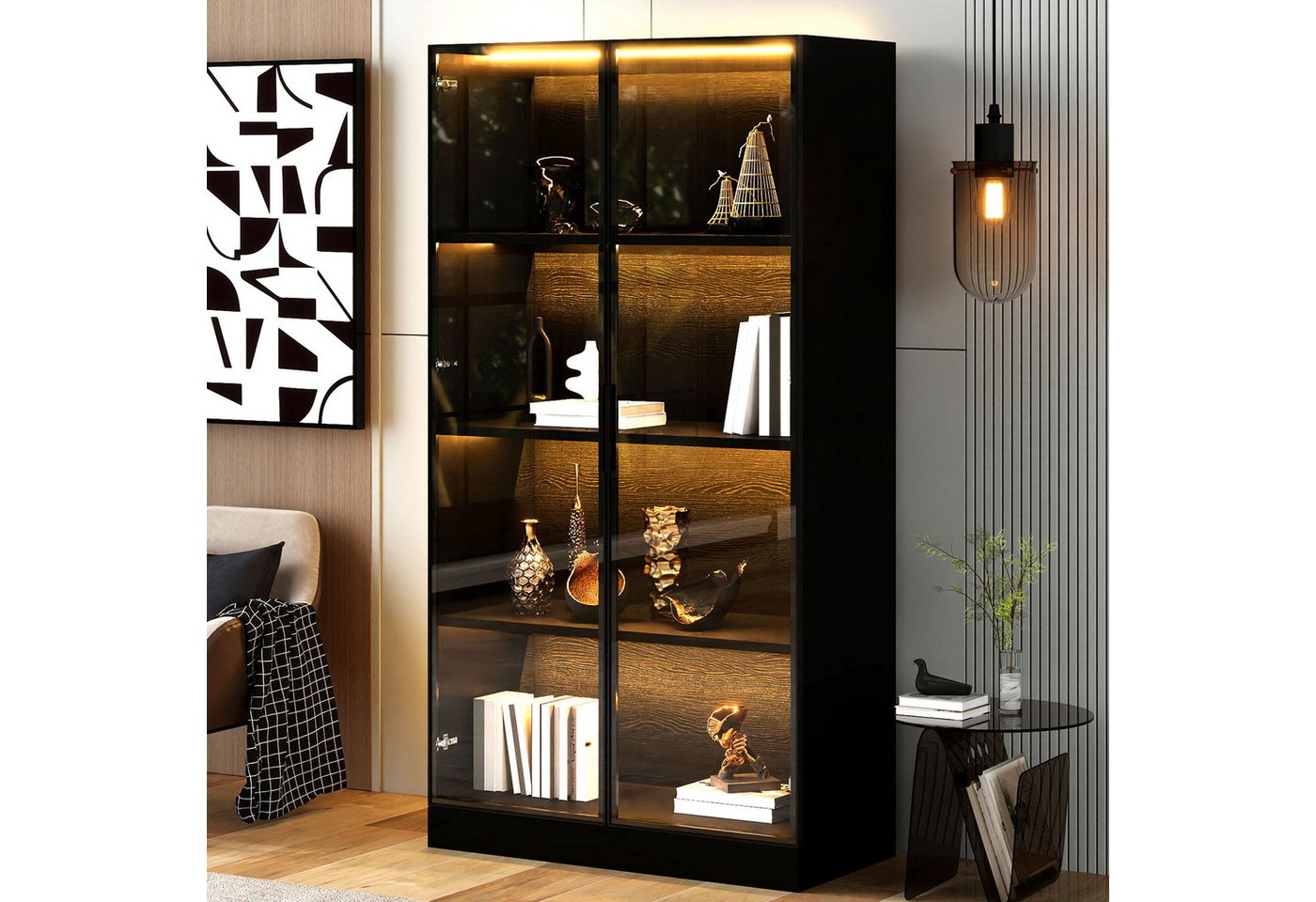 Merax Glasvitrine mit LED-Beleuchtung (Aufbewahrungsschrank Vitrine, 70×40×160cm) Standvitrine mit 3 Fächern & 2 Glastüren,Buffetschrank in Eichenoptik von Merax