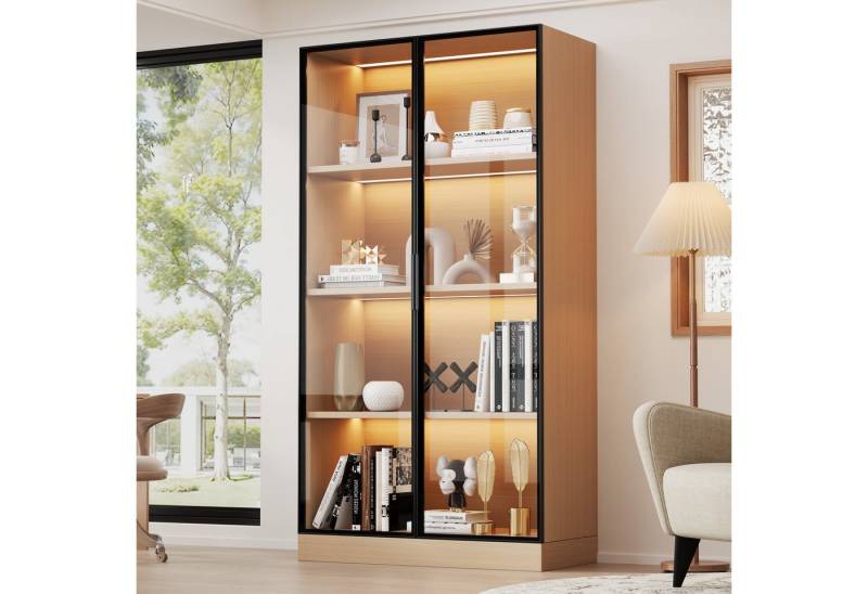 Merax Glasvitrine mit LED-Beleuchtung (Aufbewahrungsschrank Vitrine, 70×40×160cm) Standvitrine mit 3 Fächern & 2 Glastüren,Buffetschrank in Eichenoptik von Merax