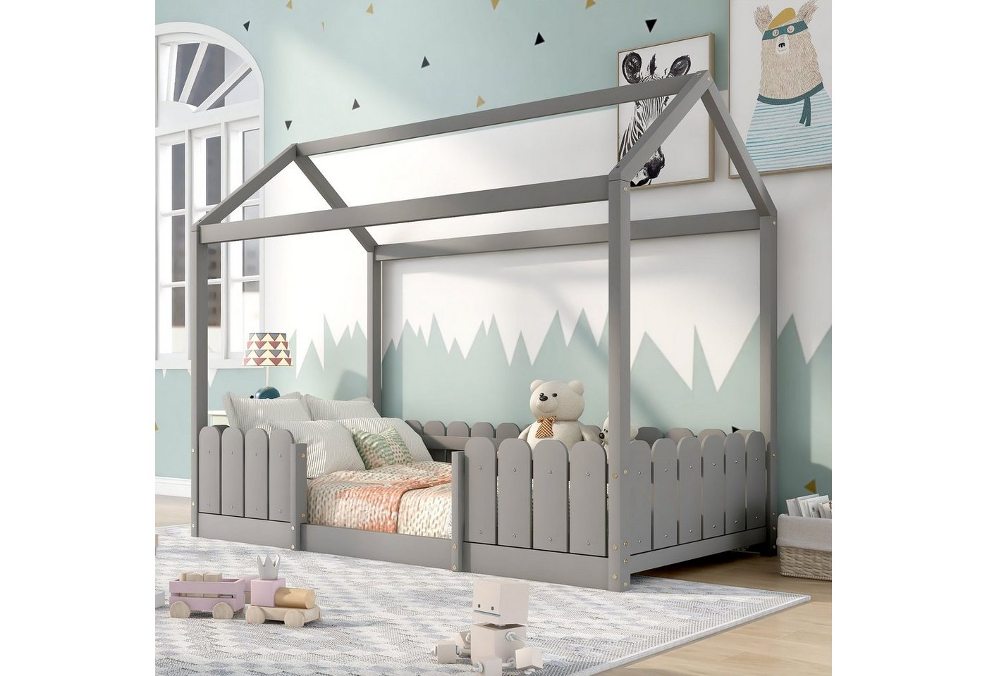 Merax Hausbett, mit Rausfallschutz und Lattenrost, Kinderbett 90x200cm, Holz von Merax