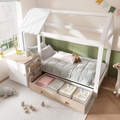 Merax Hausbett 90x200cm, Kinderbett mit Schubladen & Nachttisch, Bodenbett mit Rausfallschutz & Lattenrost, Baumhausbett aus Massivholz & MDF, Bett für Jungen und Mädchen mit Stauraum in Weiß & Eiche Merax Hausbett 90x200cm, Kinderbett mit Schubladen & Nachttisch, Bodenbett mit Rausfallschutz & Lattenrost, Baumhausbett aus Massivholz & MDF, Bett für Jungen und Mädchen mit Stauraum in Weiß & Eiche von Merax