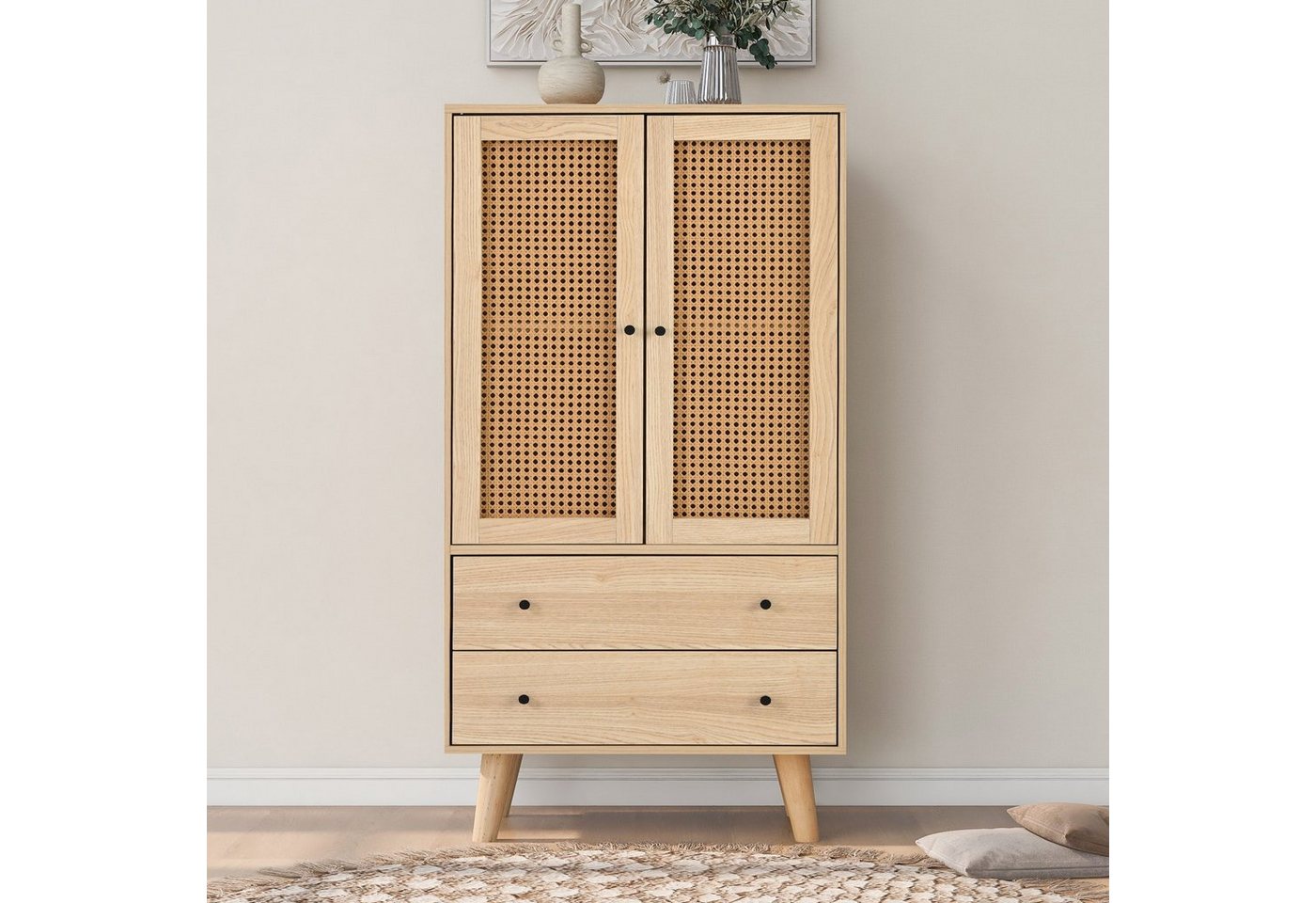 Merax Highboard mit 2 Türen mit Rattan-Geflecht und 2 Schubladen, Sideboard Holz, Kommode, B/H/T:60/120/40cm von Merax