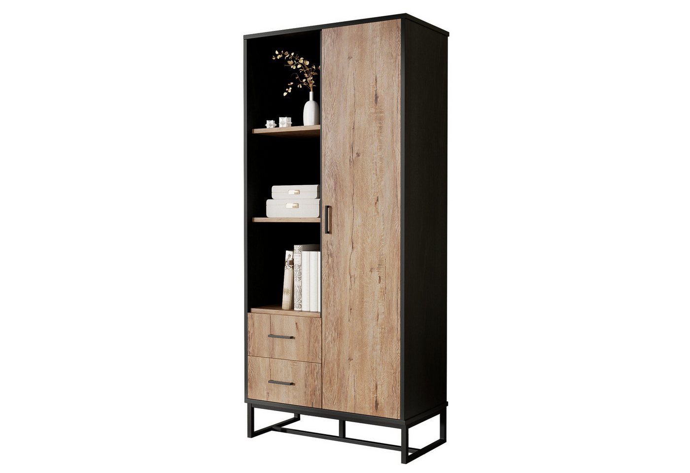 Merax Highboard Vitrine Holzoptik mit Schwarz (1 St., für Wohnzimmer, Büro & Flur), Schrank mit Tür, 2 Schubladen & offenen Fächer, 80x40x180cm von Merax