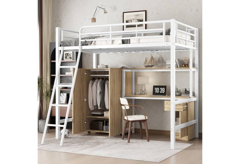 Merax Hochbett (1-St) Etagenbett 90x200cm mit Kleiderschrank, Schreibtisch, Regale & Leiter von Merax
