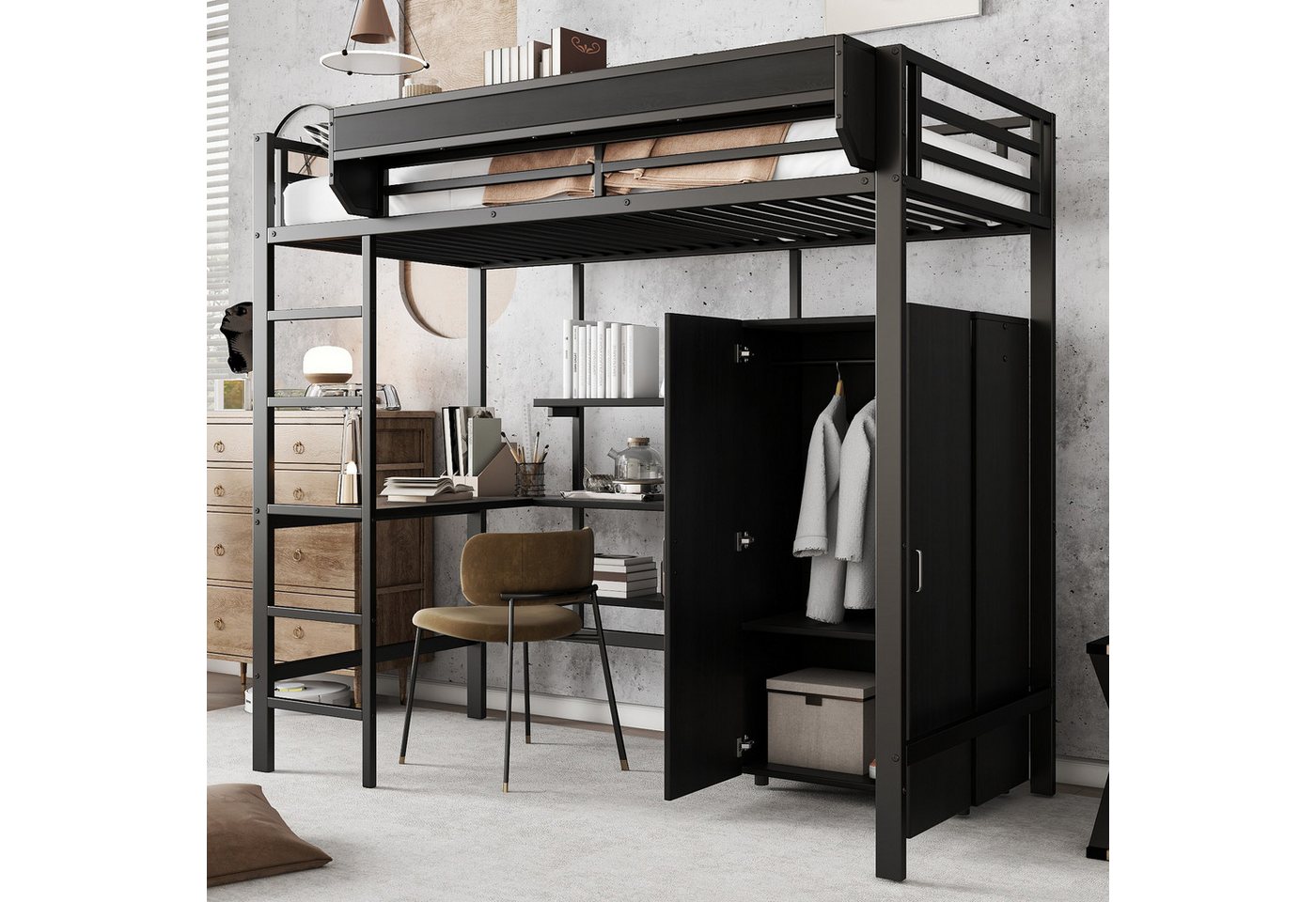 Merax Hochbett (1-St) Etagenbett 90x200cm mit Kleiderschrank,Ablagefächer,Tisch & Leiter von Merax