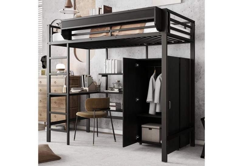 Merax Hochbett (1-St) Etagenbett 90x200cm mit Kleiderschrank,Ablagefächer,Tisch & Leiter von Merax