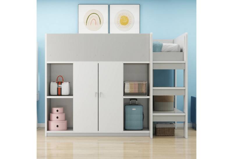 Merax Hochbett (1-St) Kiefernholzbett Kinderbett 90x200cm mit Kleiderschrank Regalen Leiter von Merax