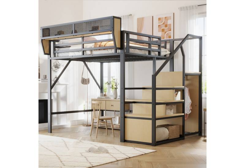 Merax Hochbett (1-St., 255 x 95 x 191 cm) Kinderbett Metallbett 140x200cm mit Sicherheitsleiter Staufach Regal von Merax
