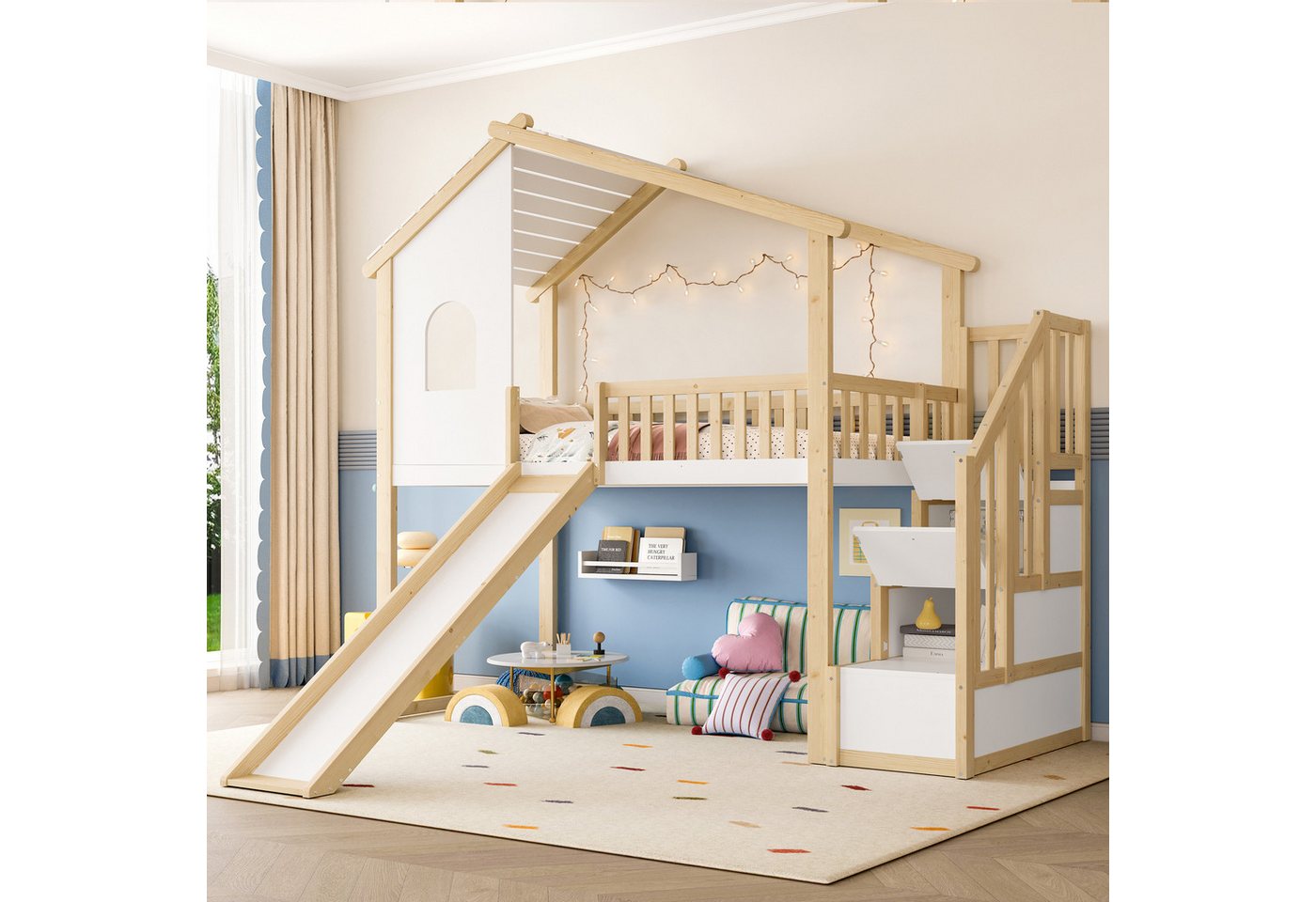 Merax Hochbett (1-St., Hausdesign Etagenbett Stockbett Jugendbett) Massivholz Kinderbett 90x200cm mit Rutsche, Stauraumtreppe und Fenster von Merax