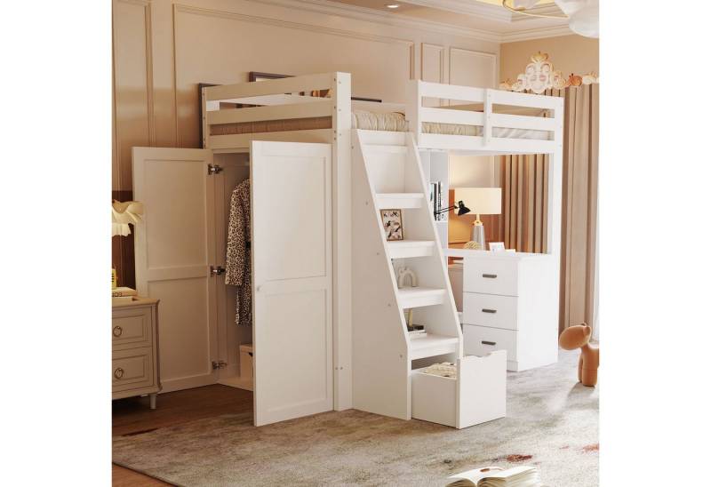 Merax Hochbett (1-St., Jugendbett Einzelbett) Massivholzbett Kinderbett 90x200cm mit Kleiderschrank Treppe Stauraum von Merax