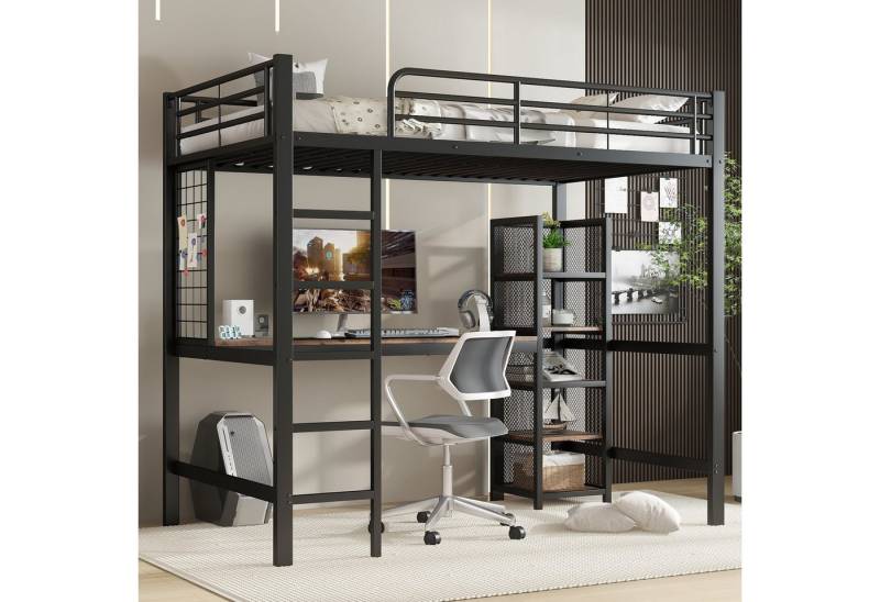 Merax Hochbett (1-St., Jugendbett Eisenbett Metallbett Einzelbett) Kinderbett 90x200cm mit Schreibtisch Ablageregal Metallgitter Leiter von Merax