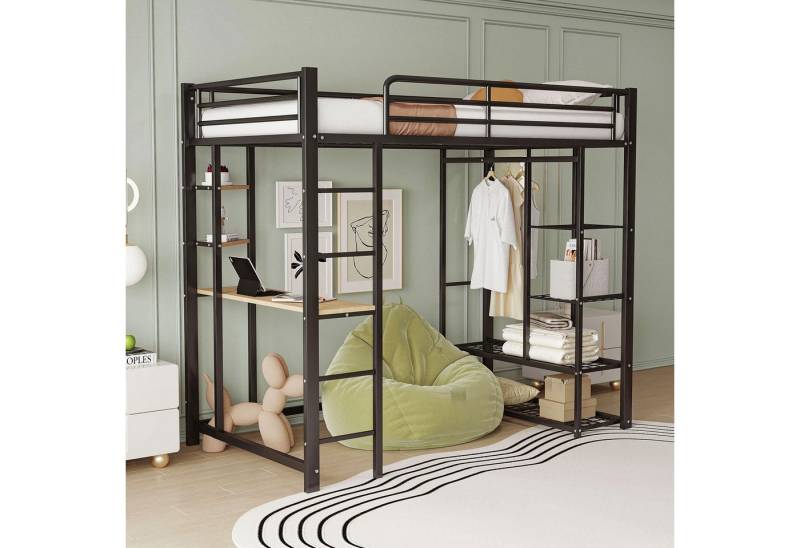Merax Hochbett (1-St., Metall Jugendbett Etagenbett Multifunktionsbett) Kinderbett 90x200 cm mit Schreibtisch Kleiderschrank Ablagen & Leiter von Merax