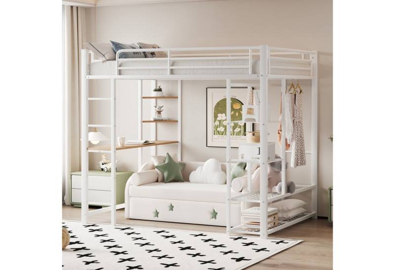 Merax Hochbett (1-St., Metall Jugendbett Etagenbett Multifunktionsbett) Kinderbett 90x200 cm mit Schreibtisch Kleiderschrank Ablagen & Leiter von Merax