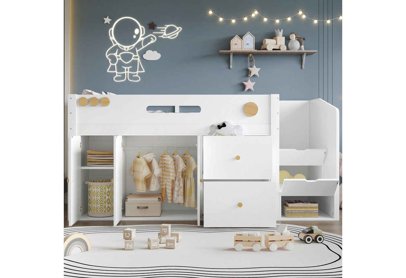 Merax Hochbett (Jugendbett Hausbett Etagenbett) Kinderbett 90x200cm mit Stauraumtreppe Kleiderschrank & 2 Schubladen von Merax