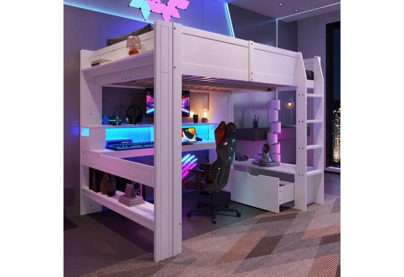 Merax Hochbett (Kiefernholz, 1-St., Jugendbett Einzelbett) Kinderbett 140x200cm mit LED- Beleuchtung Schreibtisch Schublade Regal von Merax