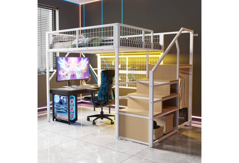Merax Hochbett (Kinderbett Jugendbett, 1-St., App-gesteuerte LED-Leuchten) Metallbett 90x200cm mit LED Stauraumtreppe Kleiderschrank Gitter von Merax