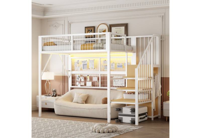 Merax Hochbett (Kinderbett Jugendbett Eisenbett, 1-St., App-gesteuerte LED-Leuchten) Metallbett 90x200cm mit LED Stauraumtreppe Kleiderschrank Gitter von Merax