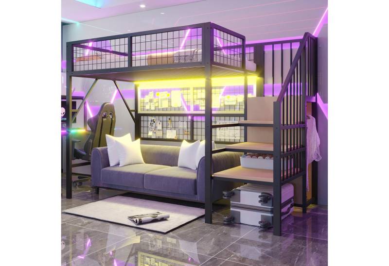Merax Hochbett (Kinderbett Jugendbett Eisenbett, 1-St., App-gesteuerte LED-Leuchten) Metallbett 90x200cm mit LED Stauraumtreppe Kleiderschrank Gitter von Merax