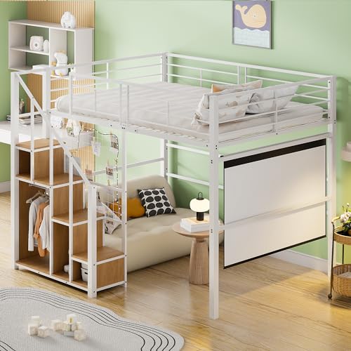 Merax Hochbett 140 x 200 cm, Multifunktionales Kinderbett mit Treppe mit Stauraum, Metall, Weiß (Ohne Matratze) von Merax