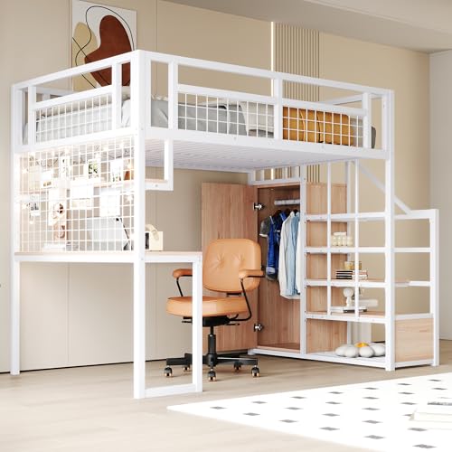 Merax Hochbett 140 x 200 cm aus Metall, mit Schrank und Schreibtisch, multifunktionales Kinderbett mit Aufbewahrungsleiter, Weiß (ohne Matratze) von Merax
