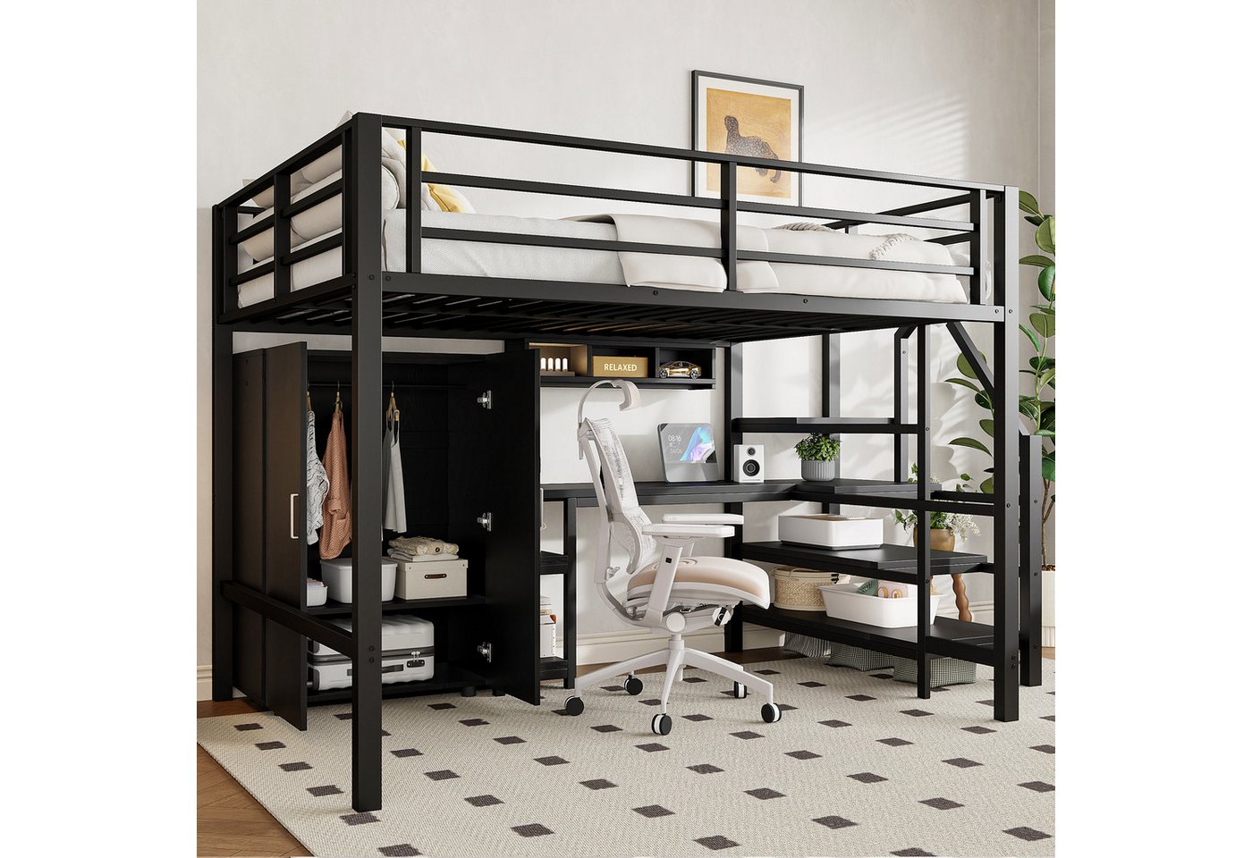 Merax Hochbett 140x200cm Kinderbett Metallbett (Jugendbett Einzelbett, 1-St) mit Schreibtisch, Kleiderschrank, Regale und Stauraumtreppe von Merax