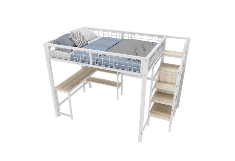 Merax Hochbett 140x200cm mit Ablageleiter und Regalen Etagenbett mit Schreibtisch und Einbauschrank, Metallbett 140x200cm von Merax