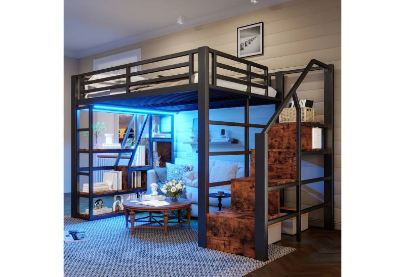 Merax Hochbett 140x200cm mit LED-Lichtleiste & Stauraum (Jugendbett aus Eisen und MDF, 1-St) Metallbett Kinderbett mit Stauraumtreppe Geländer Ablagefach & Leiter von Merax
