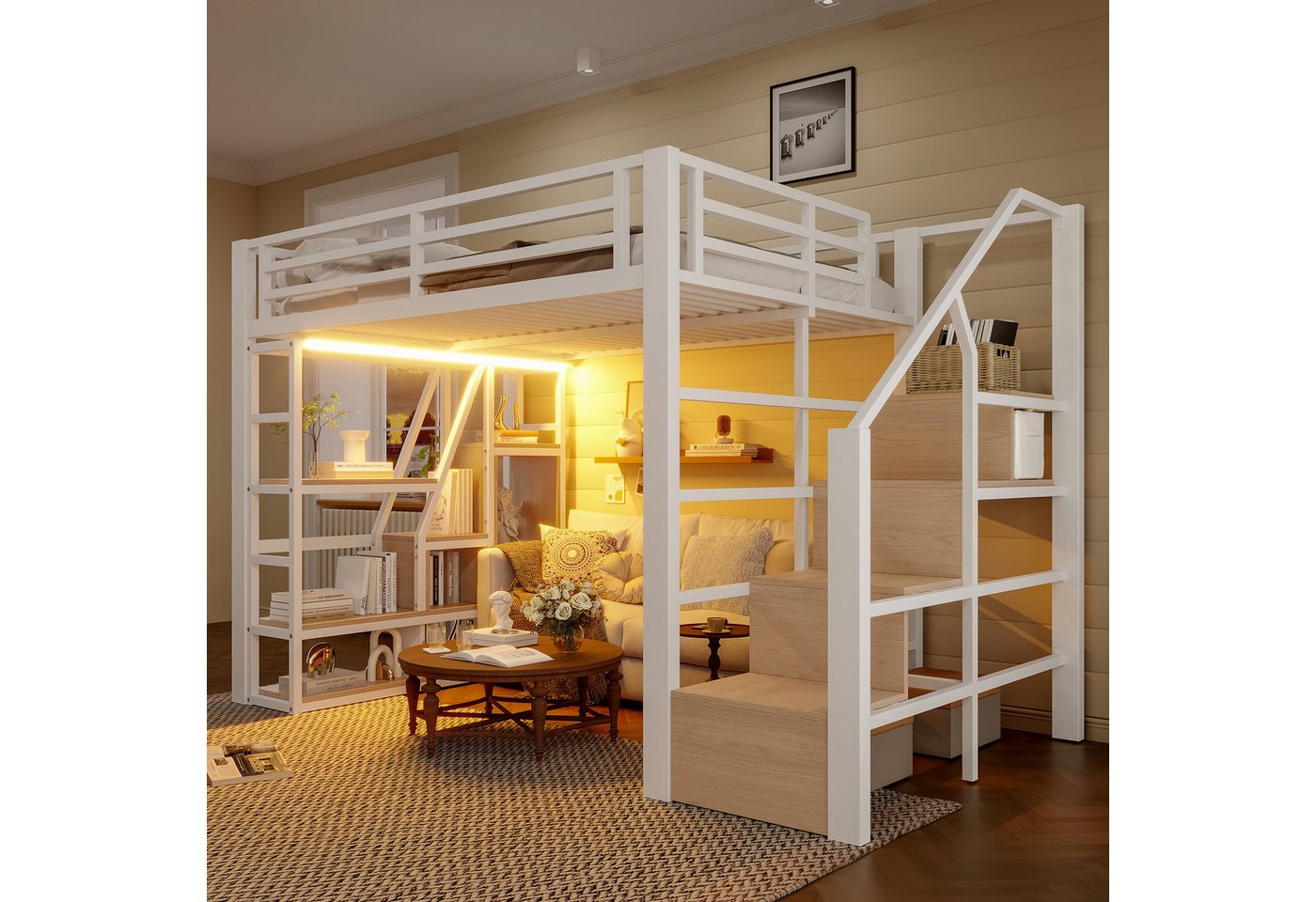 Merax Hochbett 140x200cm mit LED-Lichtleiste & Stauraum (Jugendbett aus Eisen und MDF, 1-St) Metallbett Kinderbett mit Stauraumtreppe Geländer Ablagefach & Leiter von Merax