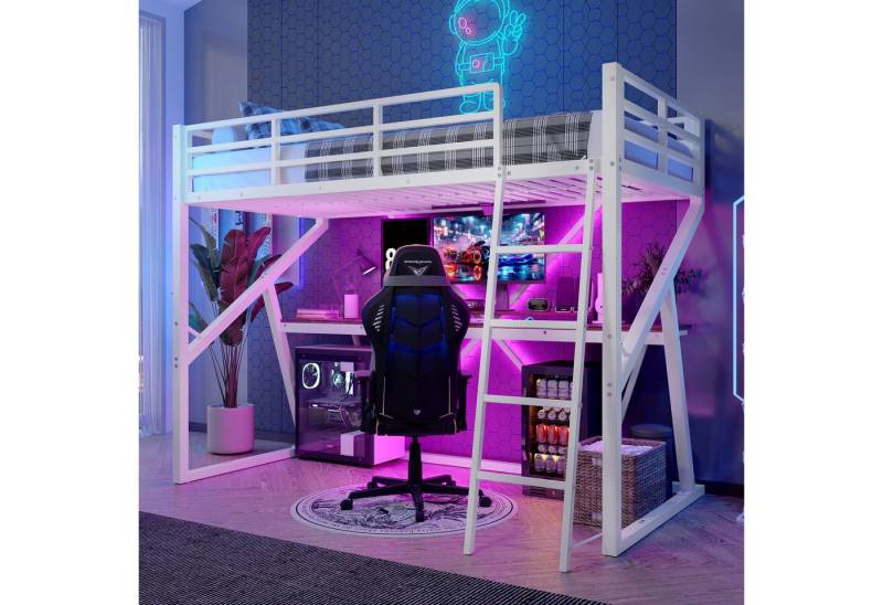 Merax Hochbett 90x200 cm mit LED-Beleuchtung (1-St., LED Jugendbett mit Rausfallschutz) Metallbett Kinderbett mit Schreibtisch Treppe Geländer Metallrahmen von Merax