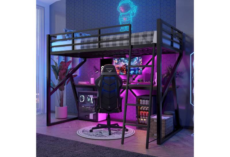 Merax Hochbett 90x200 cm mit LED-Beleuchtung (1-St., LED Jugendbett mit Rausfallschutz) Metallbett Kinderbett mit Schreibtisch Treppe Geländer Metallrahmen von Merax