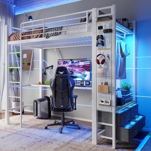 Merax Hochbett 90x200 mit Schreibtisch & LED Stabile Metallbett Jugendbett mit USB Steckdose, Trockenstab, Lochbrett, 4 Schubladen, Multifunktionales Bettgestell für Kinder/Erwachsene, Weiß von Merax