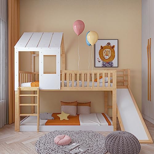 Merax Hochbett 90x200cm, Hausbett Etagenbett für Kinder mit Leiter und Rutsche, Kinderbett mit Rausfallschutz und Lattenrost, Spielbett mit Dach und Fenster, Rahmen aus Kiefer, Jugendbett, Natur&Weiß von Merax