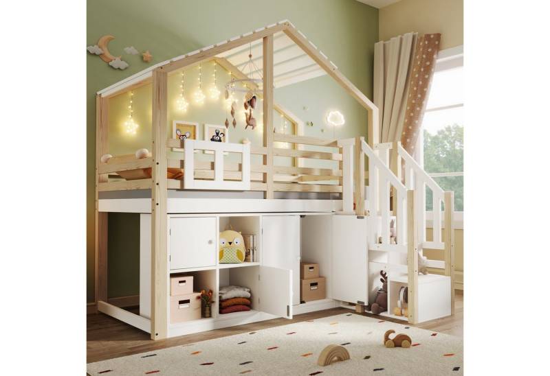 Merax Hochbett 90x200cm mit Dach in Hausform (1-St., Jugendbett Einzelbett) Massiv Kinderbett mit Stauraumtreppe Schließfächer Bettgitter Fenster von Merax