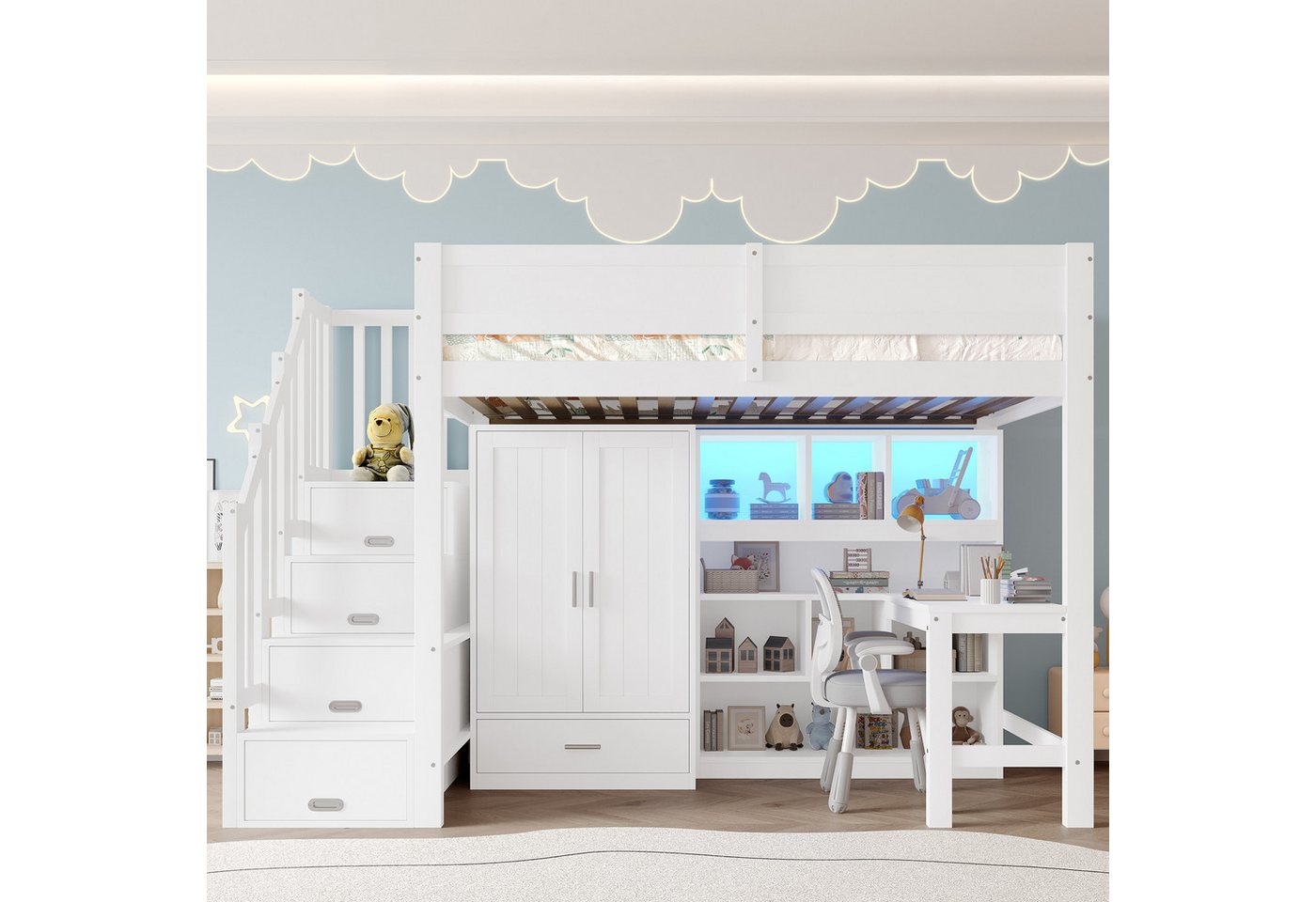 Merax Hochbett 90x200cm mit LED-Beleuchtung (1-St., Massivholz Jugendbett Einzelbett Hausbett) Kinderbett mit Schreibtisch, Kleiderschrank, Regal und Stauraumtreppe von Merax