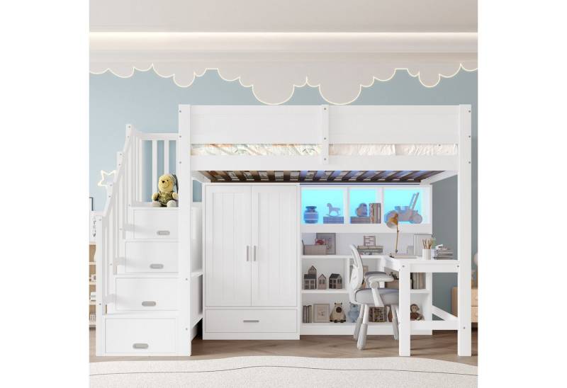 Merax Hochbett 90x200cm mit LED-Beleuchtung (1-St., Massivholz Jugendbett Einzelbett Hausbett) Kinderbett mit Schreibtisch, Kleiderschrank, Regal und Stauraumtreppe von Merax