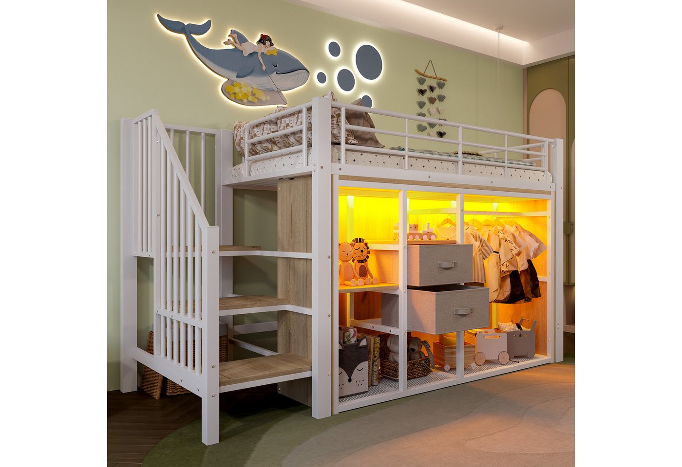 Merax Hochbett 90x200cm mit LED-Beleuchtung (1-St., Mehrzweckbett Jugendbett Einzelbett) Metall Kinderbett mit 2 Schubladen,offenem Kleiderschrank & Staufächer von Merax