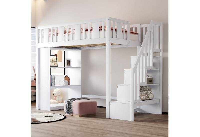 Merax Hochbett 90x200cm mit Stauraumtreppe und Sicherheitsgeländer (1-St) Kieferholz Jugendbett Kinderbett mit 3 großen Staufächern von Merax