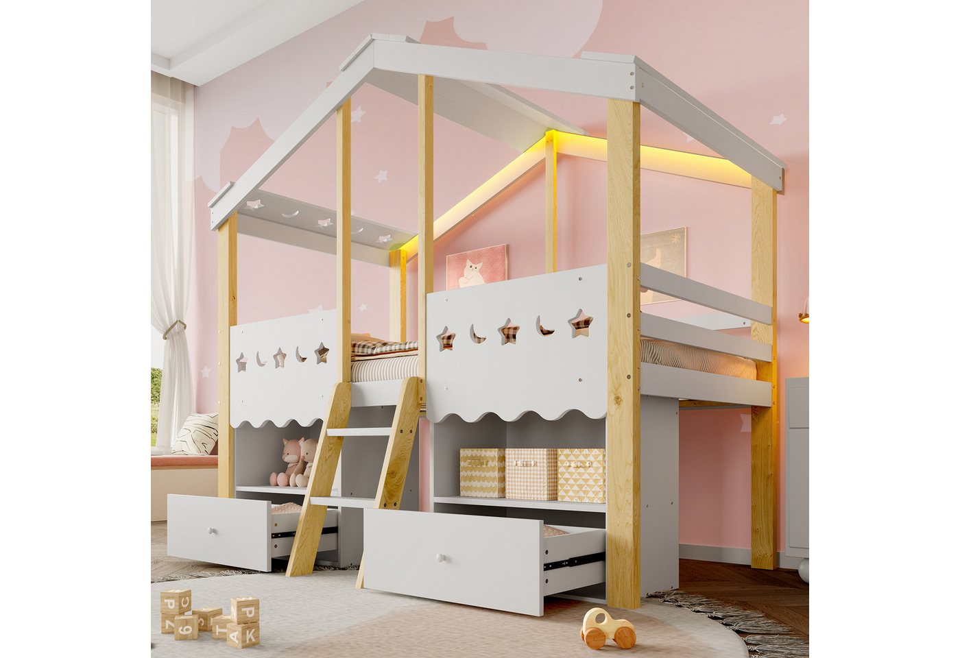 Merax Hochbett Halbhohes Jugendbett in Hausform mit LED-Lichtleiste (1-St) Kiefer Kinderbett 90x200cm mit 2 Schubladen, Regalen,Geländer & Leiter von Merax