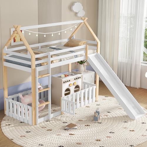 Merax Hochbett Kinderbett 90x200cm, Baumhausbett Holzbett mit Kinderrutsche, Rausfallschutz, Platzsparendes Stockbett mit Lattenrost, Unterhaltungsbereich, Exquisite Dachform, Jugendbett, Weiß&Natur Merax Hochbett Kinderbett 90x200cm, Baumhausbett Holzbett mit Kinderrutsche, Rausfallschutz, Platzsparendes Stockbett mit Lattenrost, Unterhaltungsbereich, Exquisite Dachform, Jugendbett, Weiß&Natur von Merax