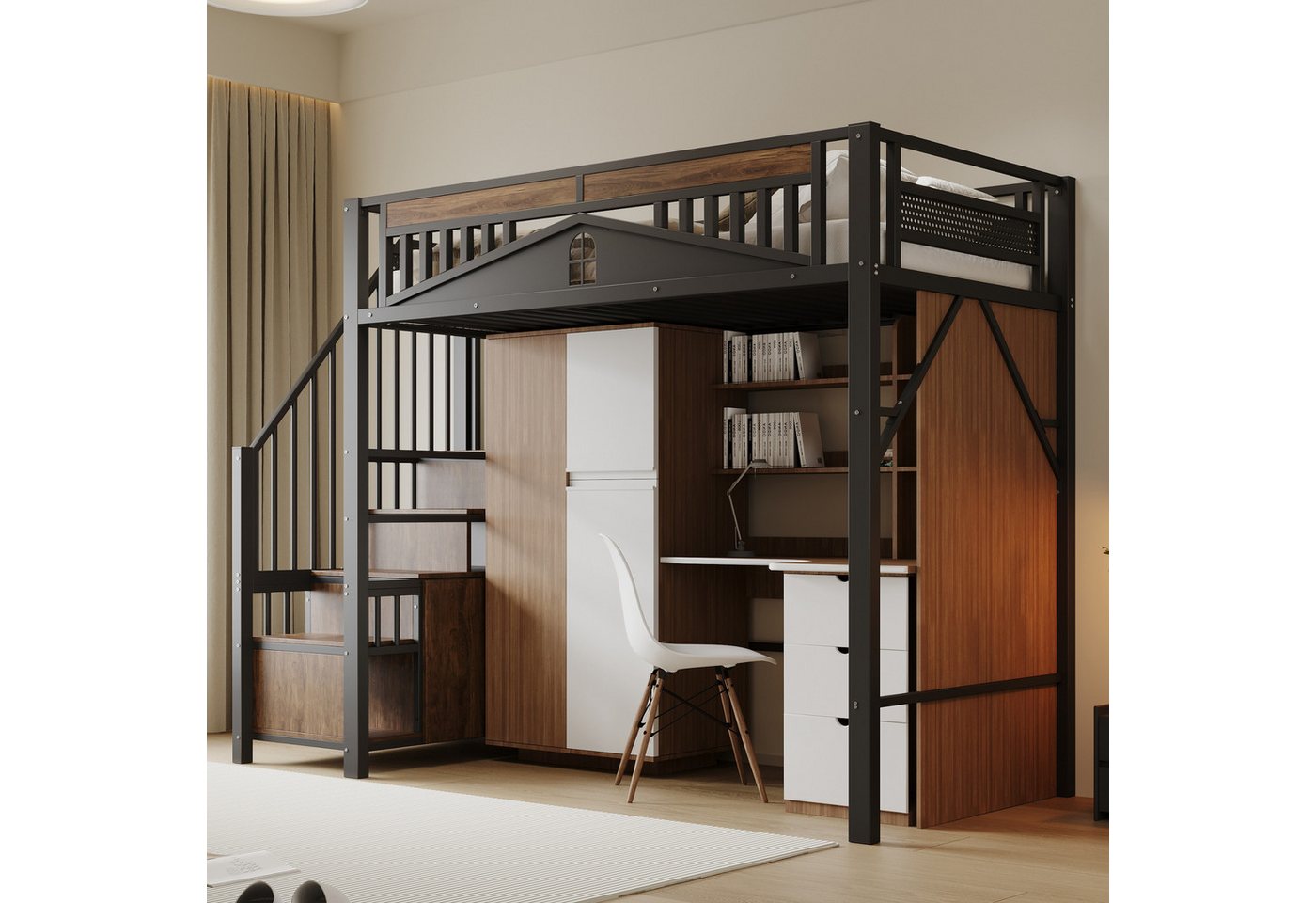 Merax Hochbett Kinderbett Jugendbett Einzelbett Eisenbett (1-St) Metallbett 90x200cm mit Stauraum-Treppe & Fenster-Sicherheitszaun von Merax