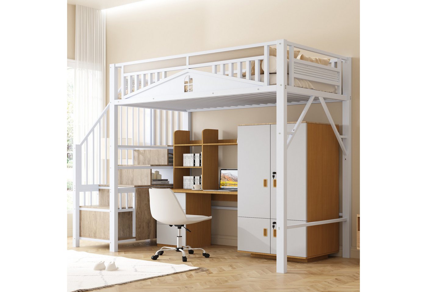Merax Hochbett Kinderbett Jugendbett Einzelbett Eisenbett (1-St) Metallbett 90x200cm mit Stauraum-Treppe & Fenster-Sicherheitszaun von Merax
