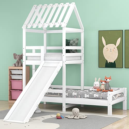 Merax Hochbett für Kinder, Kinderbett 90x200cm, Hausbett mit Dach, Spielturmbett mit Fallschutz und Gitter, Massivholz Bettgestell mit Zaun und Lattenrost, Rechtwinkliger Leiter von Merax