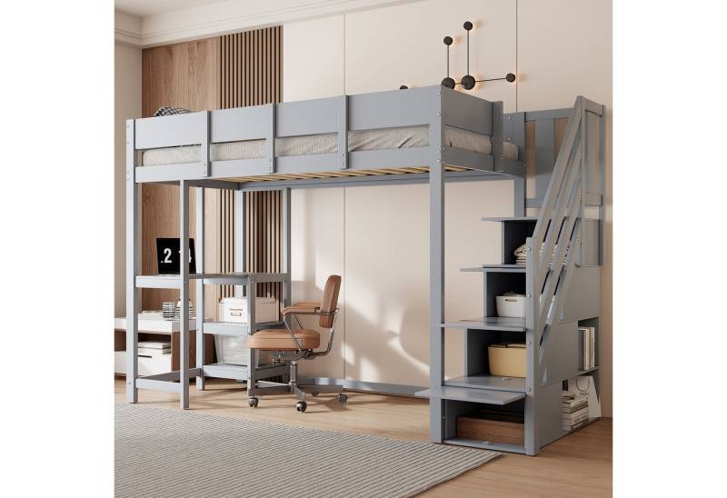 Merax Hochbett mit Aufbewahrungstreppe, Ablageregal & Schreibtisch (Jugendbett Einzelbett, 1-St) Kieferholz Kinderbett 90x200cm mit hoher Umrandung & Stauraum von Merax