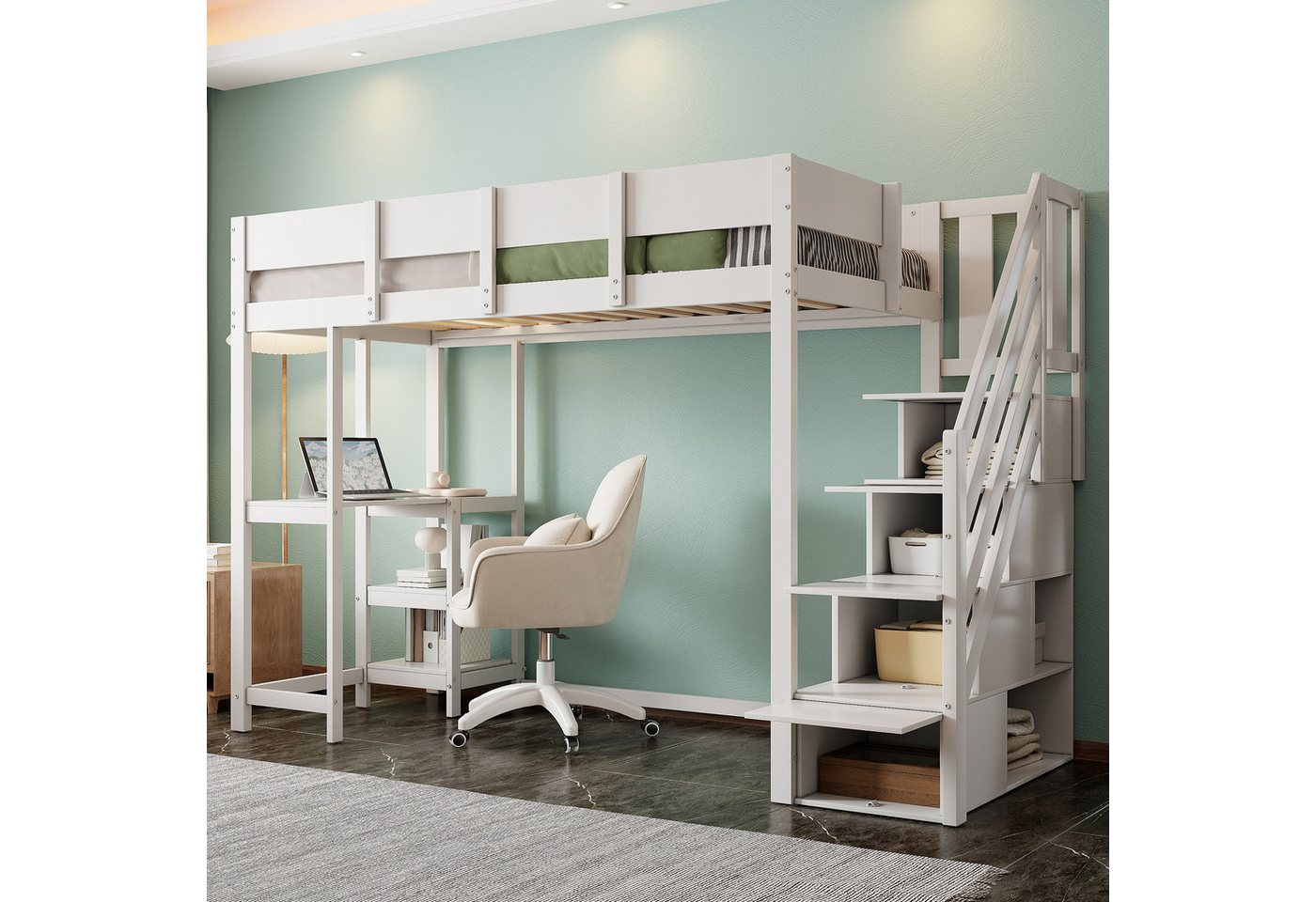 Merax Hochbett mit Aufbewahrungstreppe, Ablageregal & Schreibtisch (Jugendbett Einzelbett, 1-St) Kieferholz Kinderbett 90x200cm mit hoher Umrandung & Stauraum von Merax